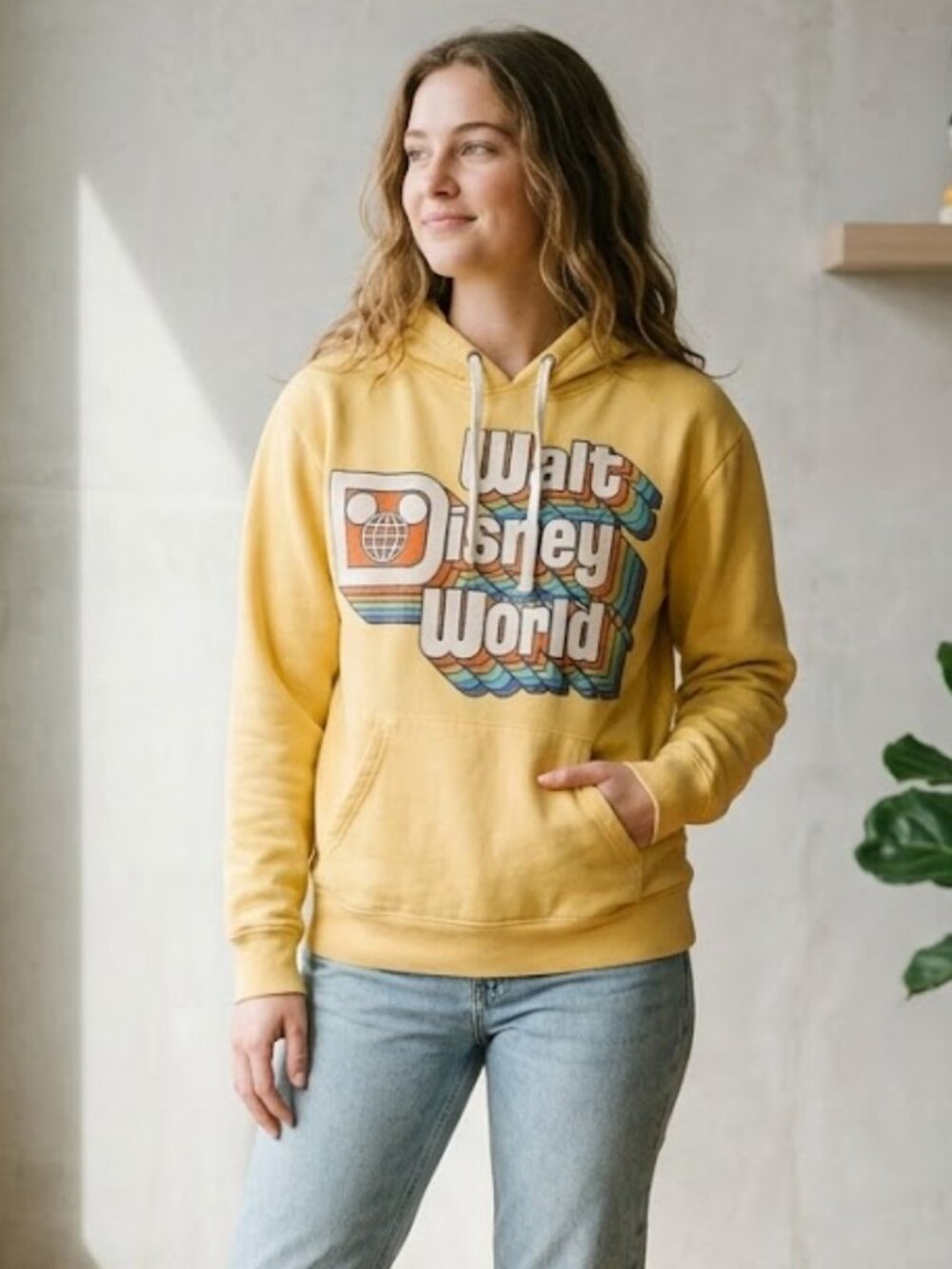Walt Disney World PARKS Sweatshirt Retro Style Hoodie Yellow Rainbow Women Small